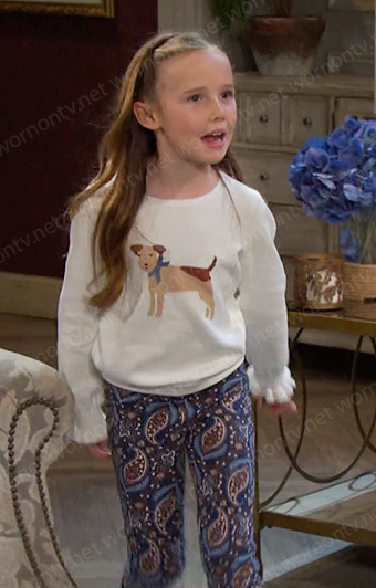 Rachel’s dog print sweater and paisley pants on Days of our Lives