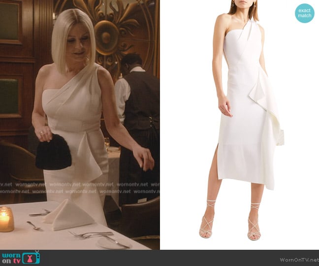 Roland Mouret Rivoli one-shoulder draped wool-crepe midi dress worn by Billie Pearce (Catherine Zeta-Jones) on National Treasure: Edge of History