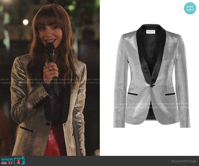 Saint Laurent Silver Satin-Trimmed Lamé Tuxedo Blazer worn by Emily Cooper (Lily Collins) on Emily in Paris