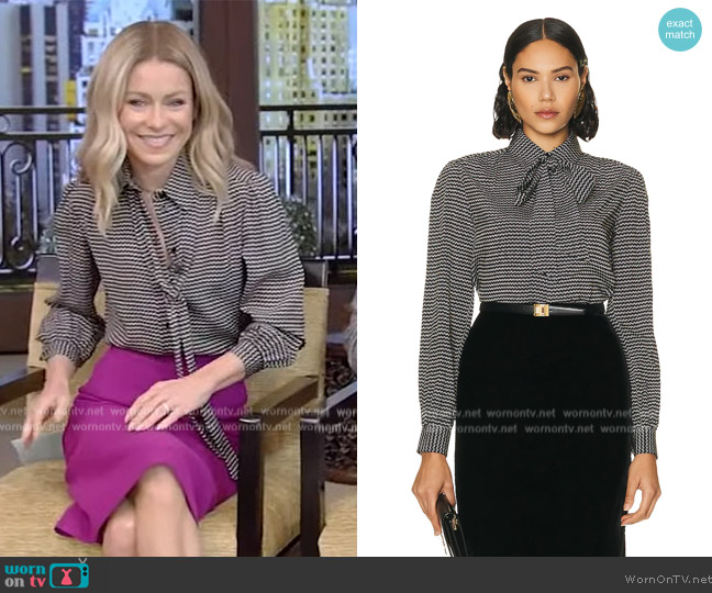 Saint Laurent Lavalliere Neck Blouse worn by Kelly Ripa on Live with Kelly and Mark