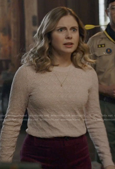 Sam’s light pink pointelle sweater on Ghosts