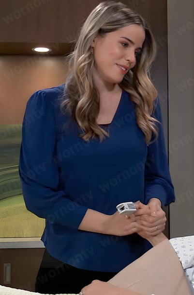 Sasha’s blue v-neck top on General Hospital