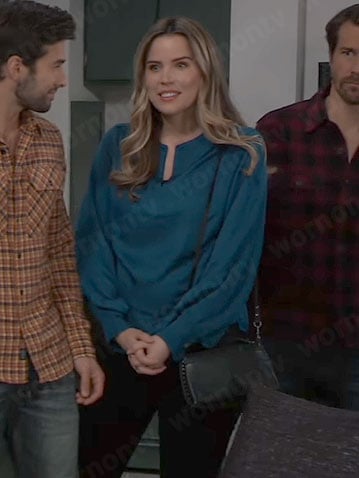 Sasha’s teal split neck blouse on General Hospital