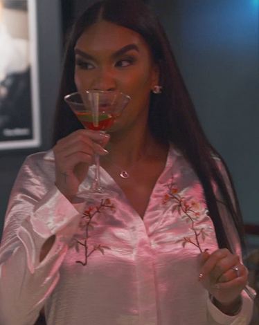 Deborah Williams’ floral embroidered satin shirt dress on The Real Housewives of Potomac
