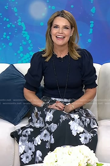 Savannah’s navy smocked top and floral skirt on Today