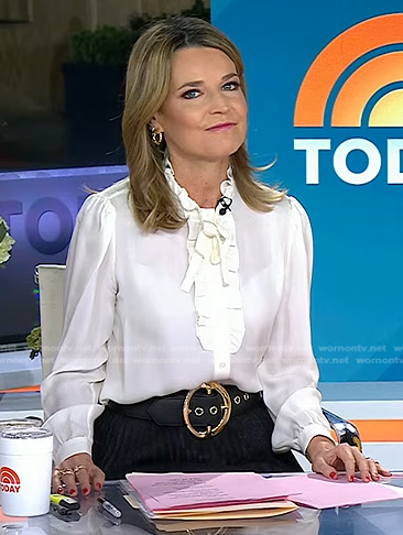 Savannah’s white ruffle tie neck blouse on Today