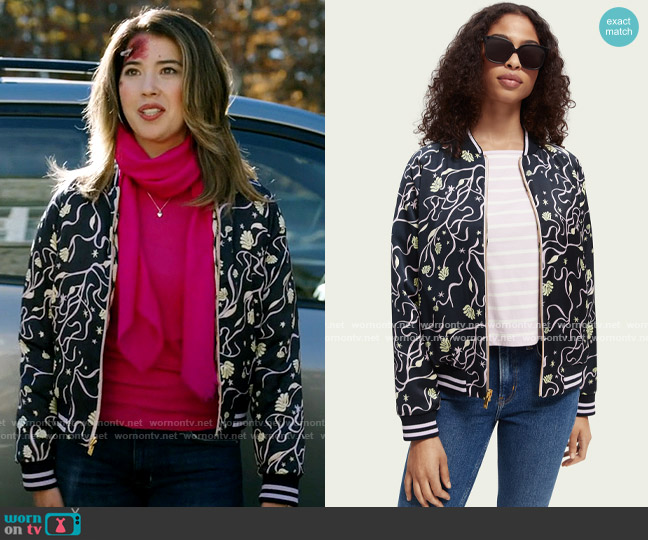 Scotch & Soda Printed reversible padded bomber jacket in Combo R worn by Jessica (Nichole Sakura) on Ghosts