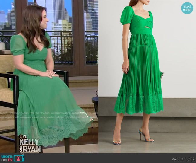 Self Portrait Corded lace-trimmed cutout pleated chiffon midi dress worn by Lacey Chabert on Live with Kelly and Mark