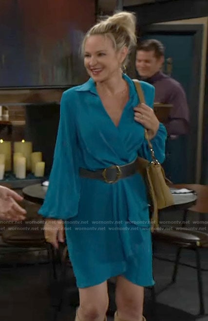 Sharon’s teal blue wrap dress on The Young and the Restless
