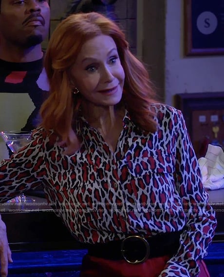 Sheila’s red leopard print button down blouse on Call Me Kat