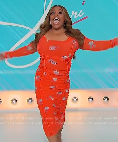 Sherri’s orange floral ruched dress on Sherri