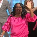 Sheryl’s pink tie waist satin blouse on The Talk
