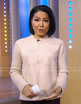Stephanie’s beige mixed media sweater on Good Morning America