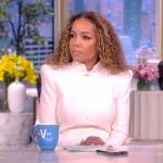 Sunny’s white padded shoulder midi dress on The View
