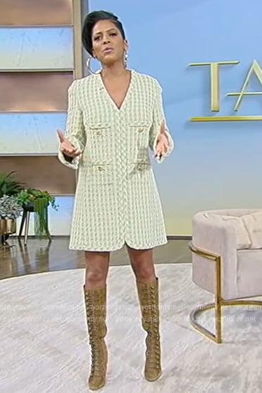 Tamron’s green textured check mini dress on Tamron Hall Show