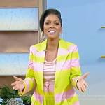 Tamron’s pink and yellow striped blazer and pants on Tamron Hall Show