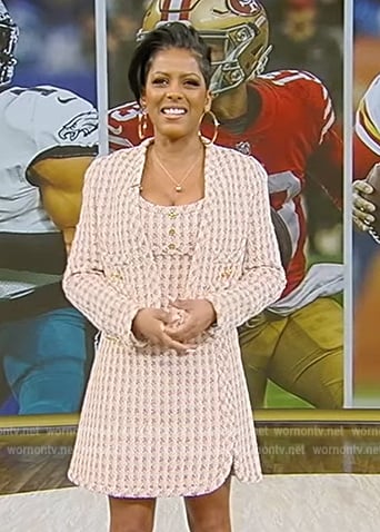 Tamron’s pink tweed check mini dress on Tamron Hall Show