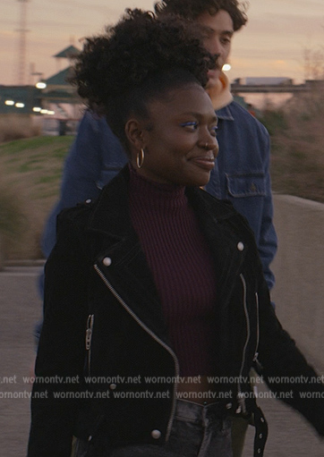 Tasha’s black suede moto jacket on National Treasure: Edge of History