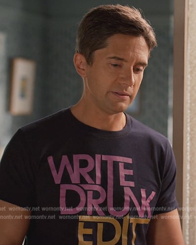 Tom’s blue Write Drunk Edit Sober print tee on Home Economics