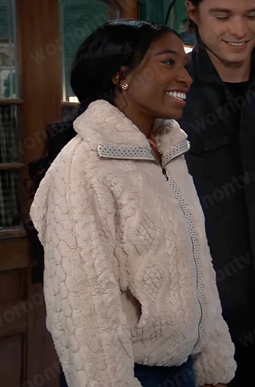Trina’s white fluffy jacket on General Hospital