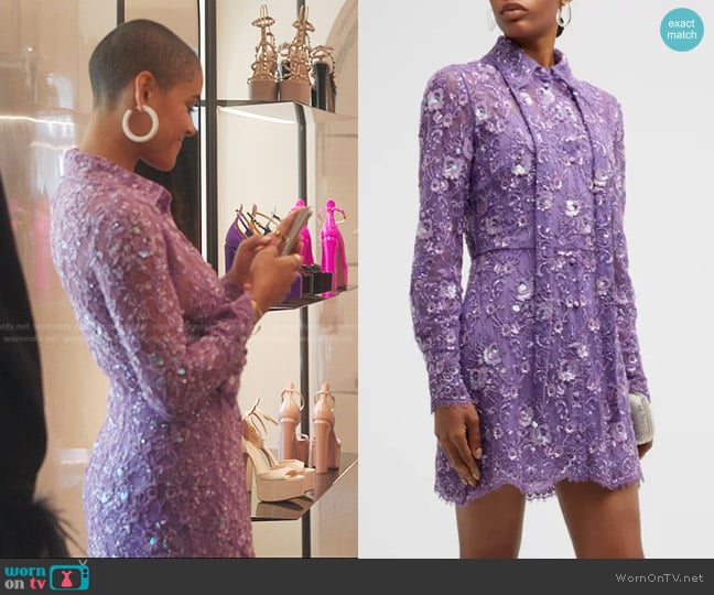 Valentino Floral Sequin Lace Neck-Tie Mini Shirtdress worn by Julien Calloway (Jordan Alexander) on Gossip Girl
