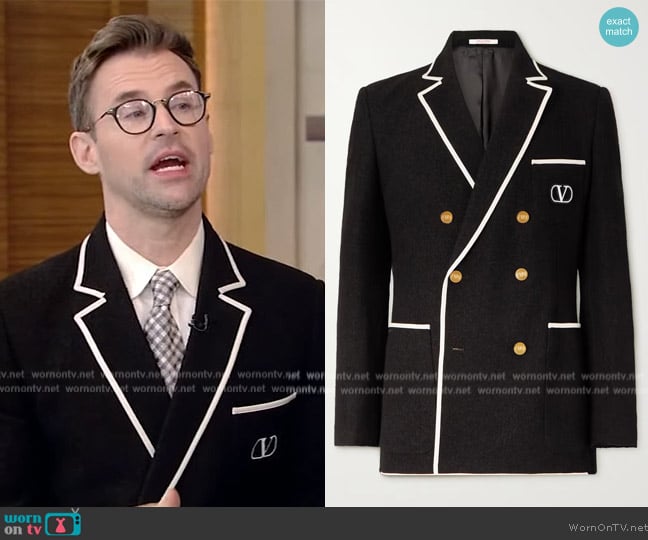 Valentino Logo-Embroidered Double-Breasted Wool-Blend Bouclé Blazer worn by Brad Goreski on Live with Kelly and Mark