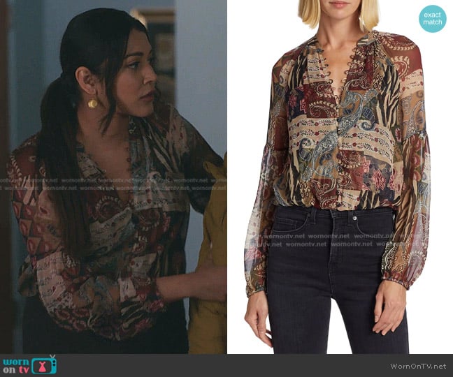 Veronica Beard Jayce Patchwork Silk Blouse worn by Leela Devi (Anuja Joshi) on The Resident