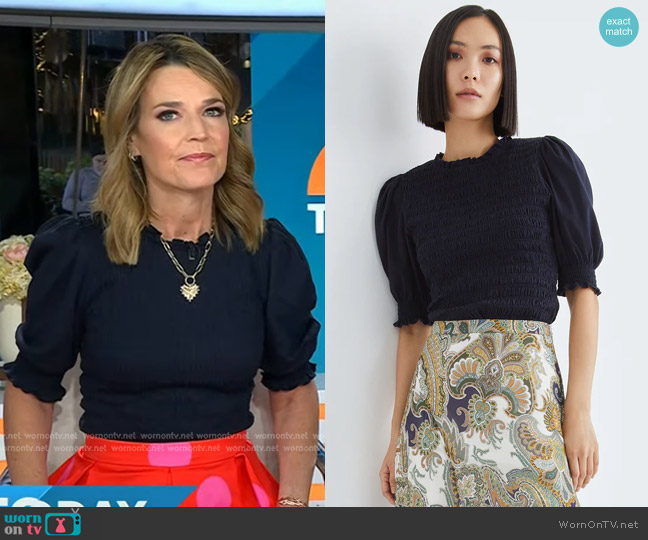 Veronica Beard Langston Smocked Top worn by Savannah Guthrie on Today