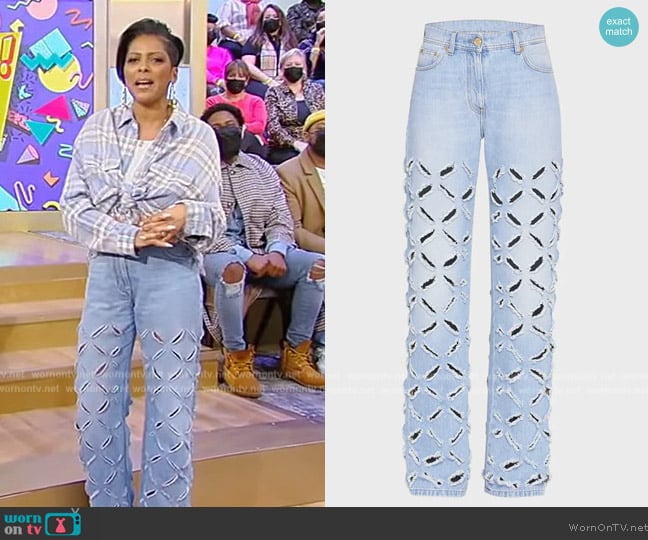 Versace Laser-Cut Checkered Denim Pants worn by Tamron Hall on Tamron Hall Show