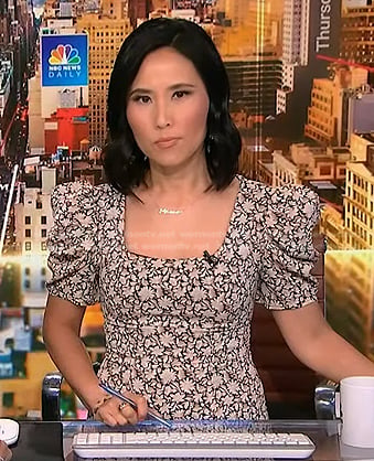 Vicky’s black floral puff sleeve dress on NBC News Daily