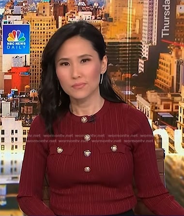 Vicky’s red ribbed button detail top on NBC News Daily