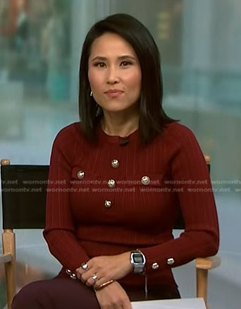 Vicky’s red ribbed button detail top on NBC News Daily
