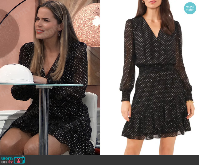 Vince Camuto Metallic Dot Long Sleeve Smocked Waist Dress worn by Sasha Gilmore (Sofia Mattsson) on General Hospital