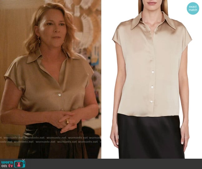 Vince Cap Sleeve Ruched Back Silk Blouse in Pale Nut worn by Tina Kennard (Laurel Holloman) on The L Word Generation Q