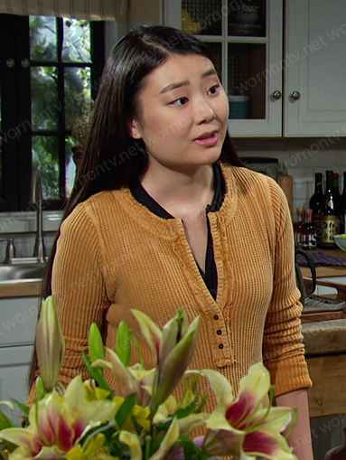 Wendy’s yellow waffle henley top on Days of our Lives