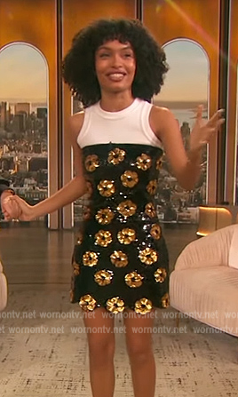 Yara Shahidi’s black floral sequin mini dress on The Drew Barrymore Show