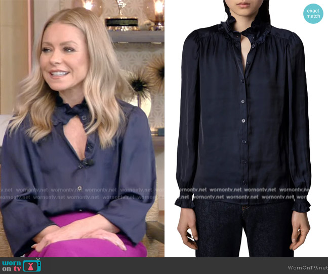 Zadig & Voltaire Tacca Satin Ruffle Button-Up Blouse worn by Kelly Ripa on Live with Kelly and Mark