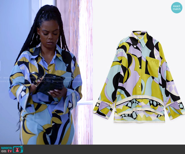 Zara Printed Shirt with Pocket worn by Sabrina Hollins (Novi Brown) on Tyler Perrys Sistas