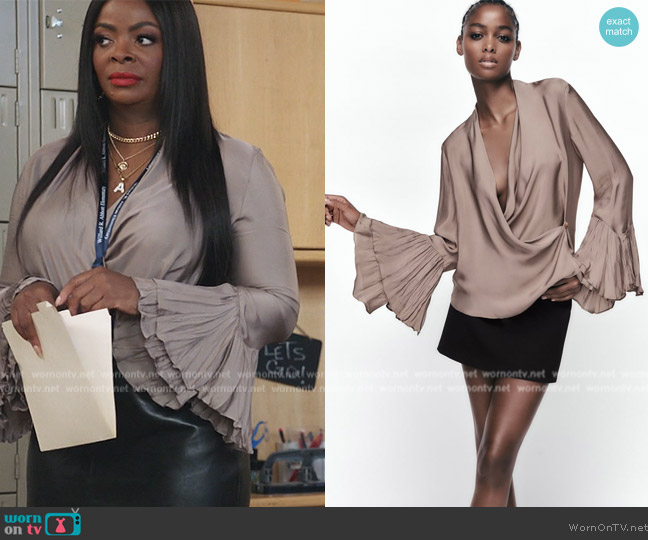 Zara Ruffled Wrap Blouse worn by Ava Coleman (Janelle James) on Abbott Elementary