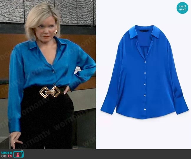 Zara Satin Effect Shirt in Blue worn by Ava Jerome (Maura West) on General Hospital