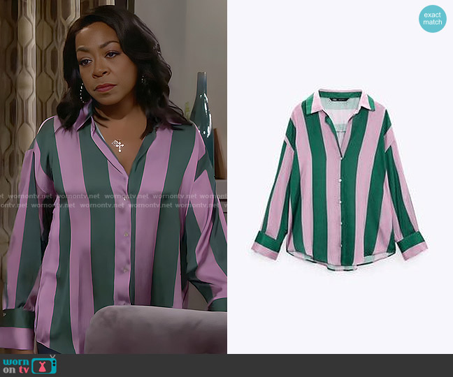 Zara Oversized Striped Shirt worn by Tina Butler (Tichina Arnold) on The Neighborhood