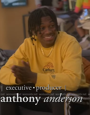 Zeke’s yellow embroidered hoodie on Grown-ish