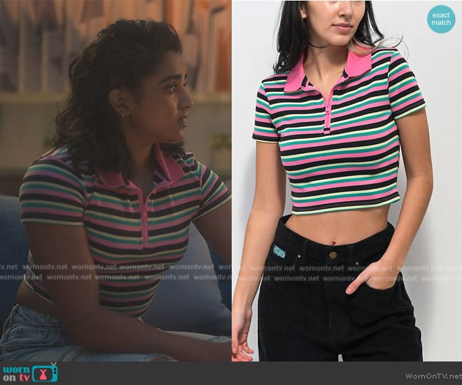 A-Lab Cordina Pink & Green Stripe Zip Crop Polo Shirt