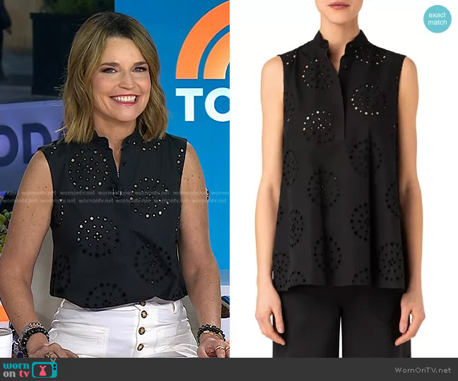 Akris Punto Embroidered Eyelet Cotton Sleeveless Blouse worn by Savannah Guthrie on Today