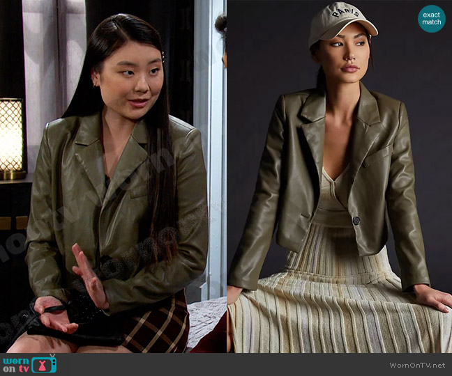 Avec Les Filles Cropped Faux Leather Jacket in Moss worn by Wendy Shin (Victoria Grace) on Days of our Lives
