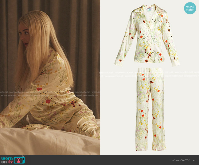 Bernadette Floral Bouquet-Print Silk Pajama Top worn by Audrey Hope (Emily Alyn Lind) on Gossip Girl