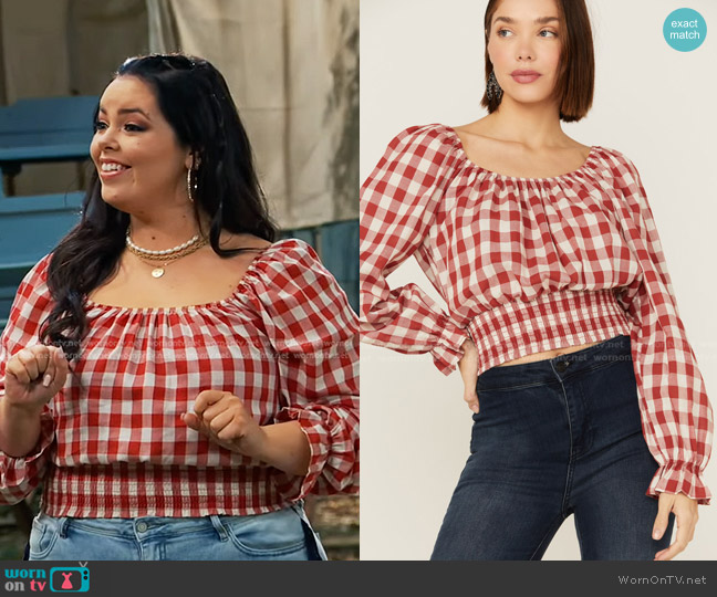 Beyond The Radar Gingham Tie Back Smocked Blouse worn by Lou Hockhauser (Miranda May) on Bunkd