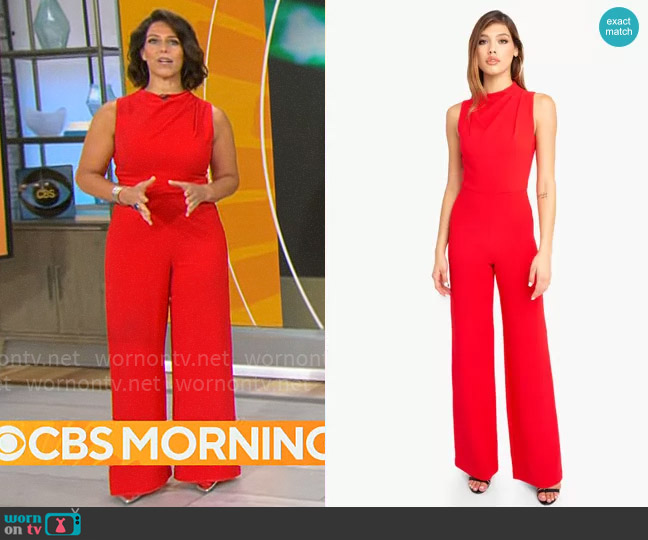 Black Halo Corrine Jumpsuit in Wildfire worn by Dana Jacobson on CBS Mornings