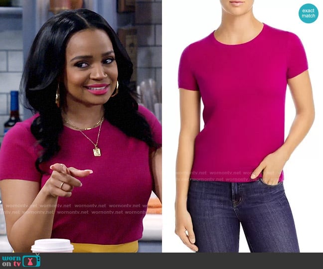 C by Bloomingdales Short-Sleeve Cashmere Sweater in Bright Magenta worn by Randi (Kyla Pratt) on Call Me Kat