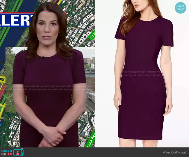 Calvin Klein Seamed Scuba Crepe Sheath Dress in Aubergine worn by Heather O’Rourke on Good Morning America